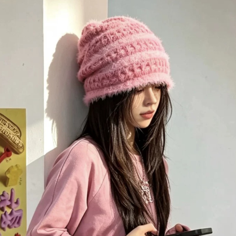 Beanie Cuffed Knit - 新しい韓国スタイルのキャンディーカラーのふわふわニットビーニー、女性用冬用スイートドーパミンスタイルの多用途で暖かいカフ付きスカルキャップ帽子