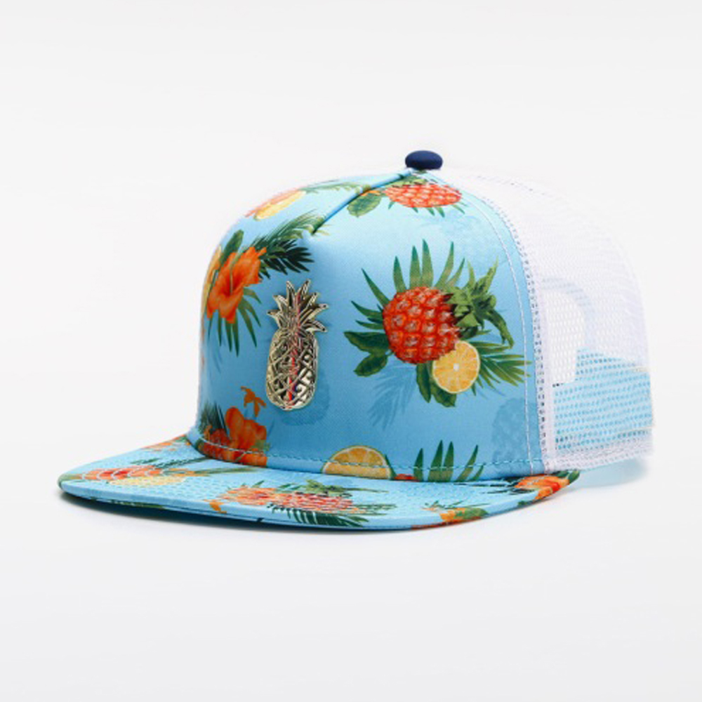 Snapback Hat Flat - ファッショナブルな多機能ハット トロピカルフルーツ花柄プリント トラッカーハット メンズ レディース 夏用メッシュスナップバックキャップ
