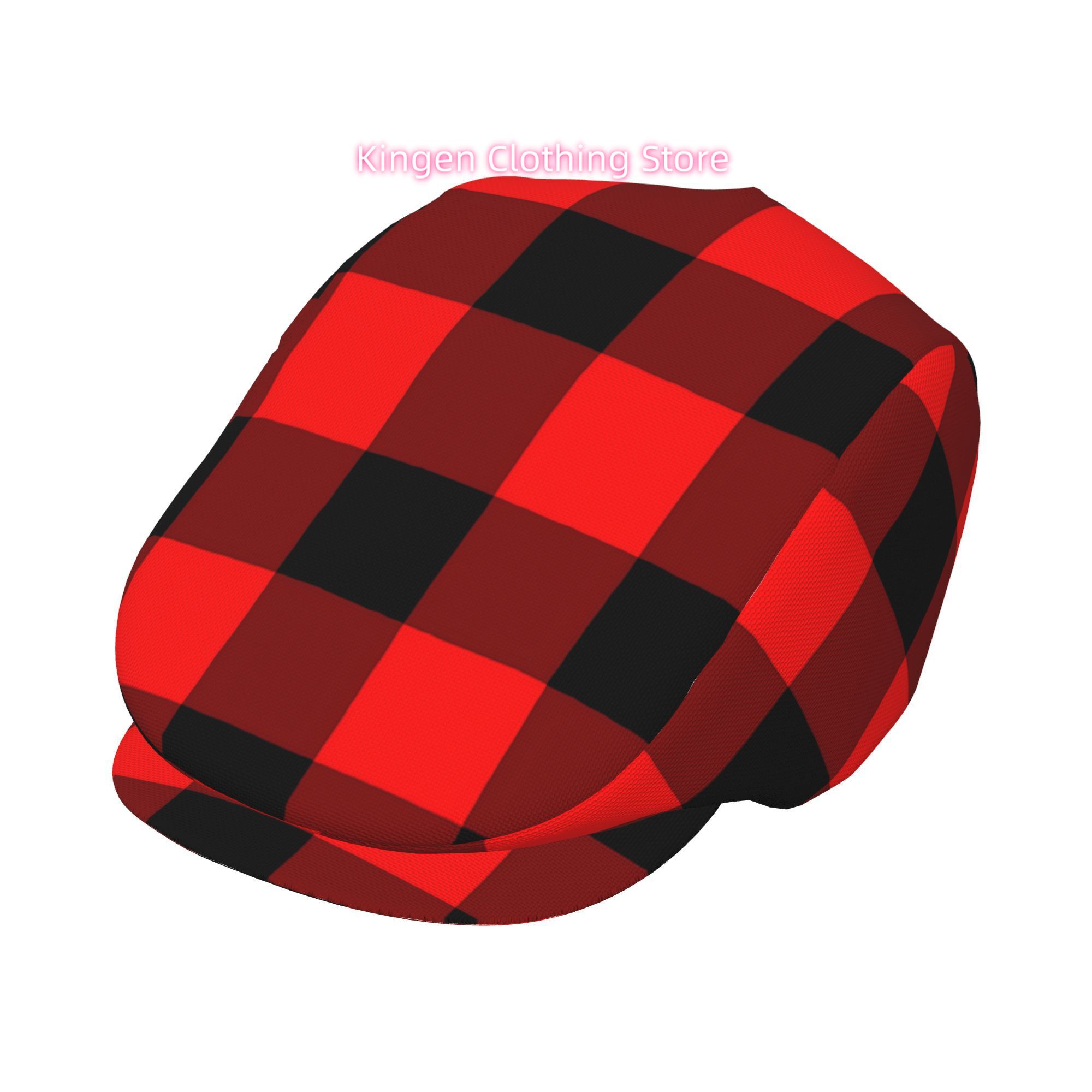 Newsboy Cap Ivy - 男女兼用の調節可能なフラットキャップ。赤と黒のチェック柄デザインで、ニューズボーイ、ベレー、アイビーキャップ、アイリッシュキャビーキャップ、フィッシュキャップが含まれます。